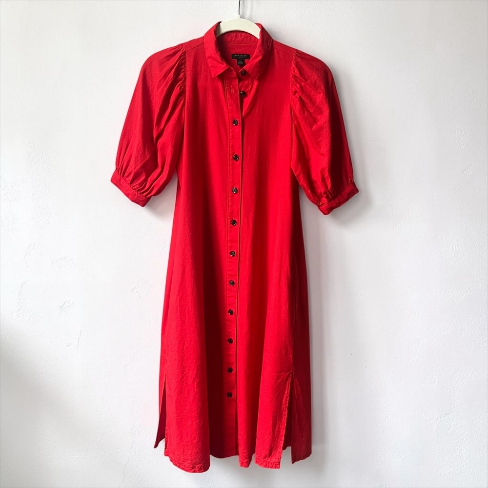 Ann Taylor Shirtdress Women's XXS Petite Red Linen Blend Midi Puff Sleeve Preppy